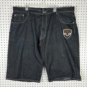 Red Ape Black Gothic Baggy Jean Shorts Sz 46 Jorts Wide Leg Skate Y2K Logo Patch